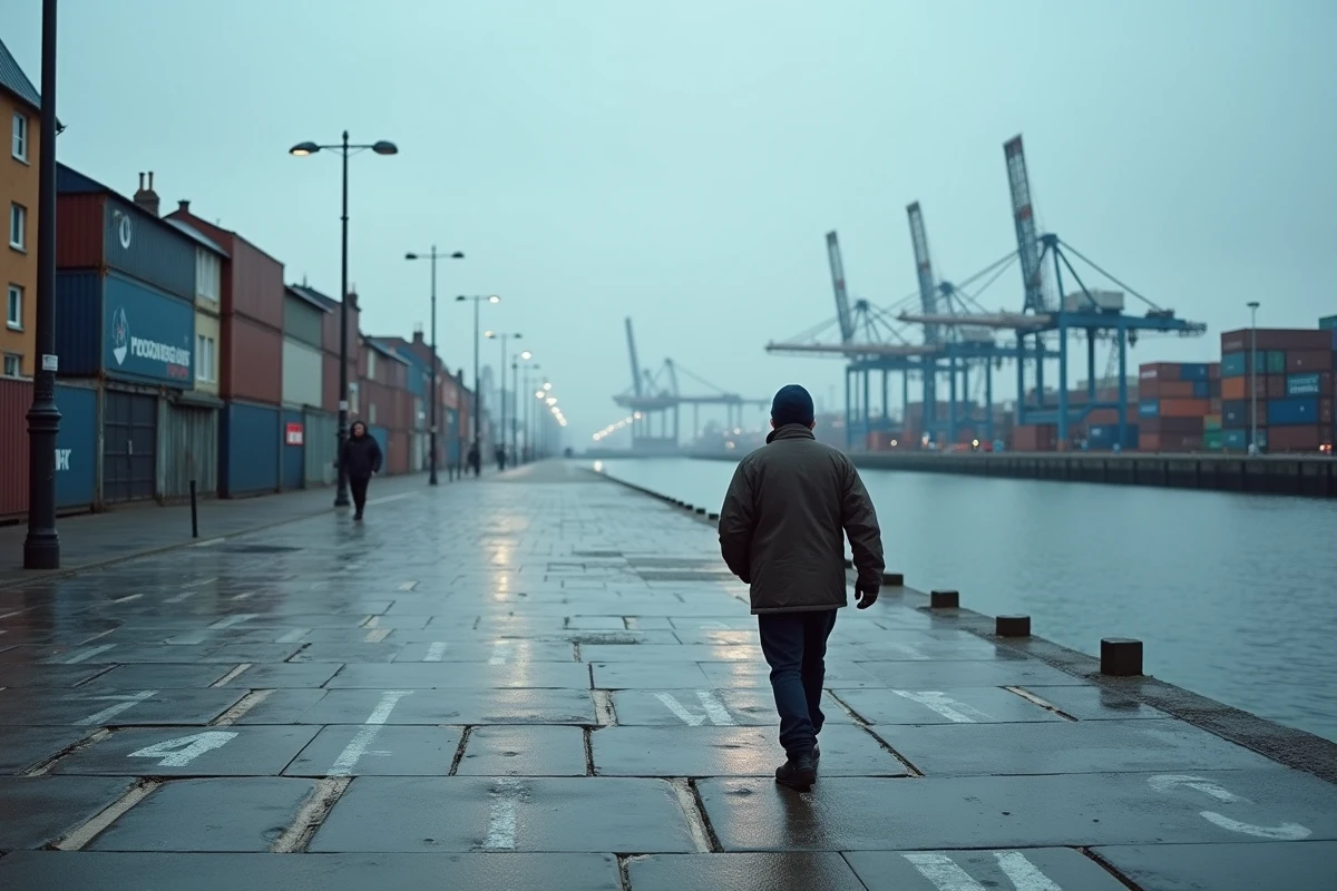 Homme en veste usée marchant sur un quai fissurés du Havre avec grues de port et conteneurs maritimes à l'horizon, illustrant la précarité et la délinquance dans la ville portuaire