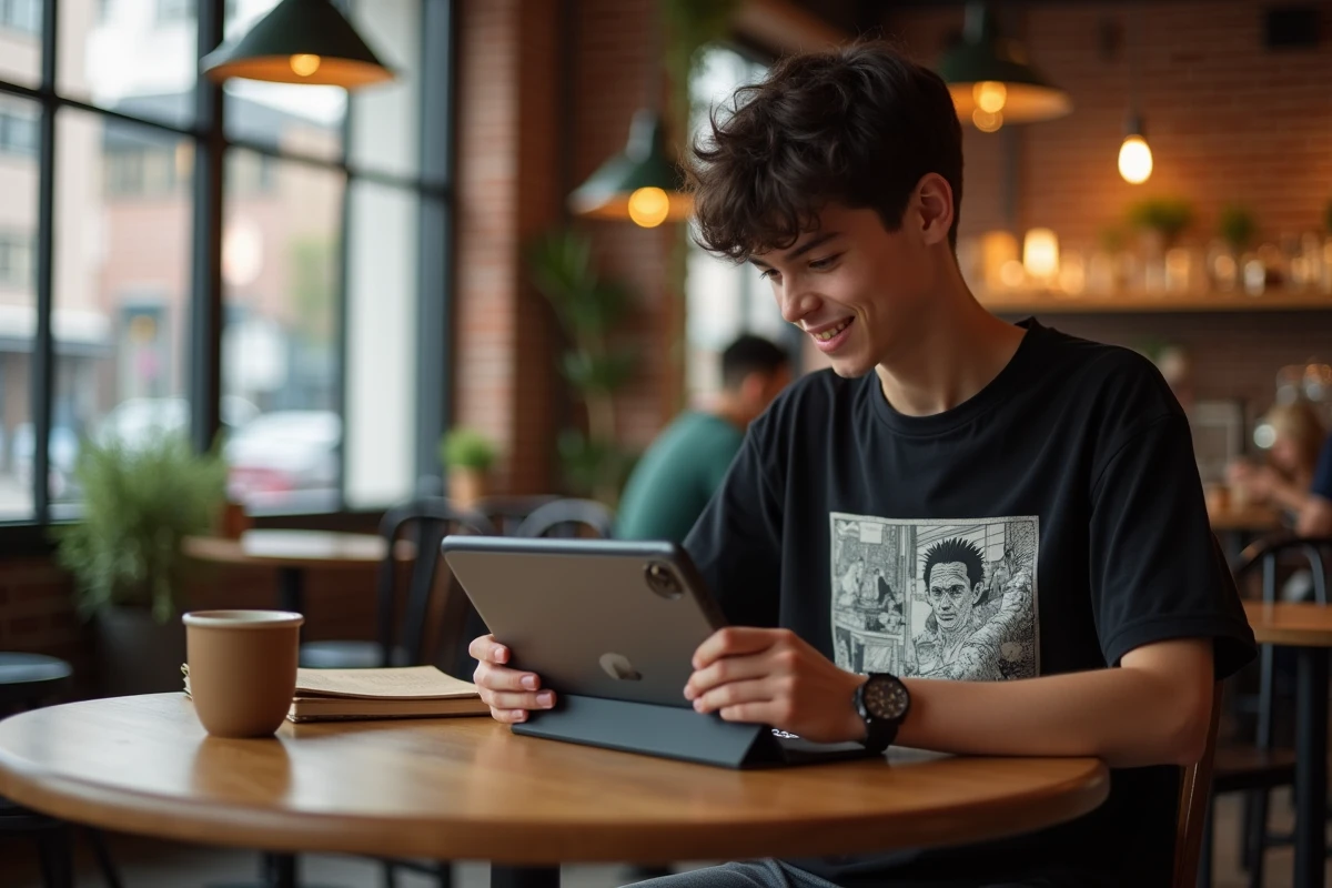 Adolescent lisant des scanlations de manga One Punch Man sur iPad dans un caf&eacute; urbain avec murs en briques apparentes
