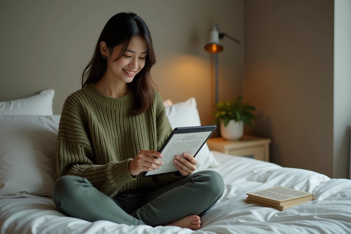 Jeune femme lisant un r&eacute;sum&eacute; de scan en avance de One Piece sur tablette dans une chambre confortable
