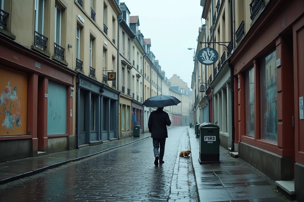 Rue pavée pluvieuse dans un quartier défavorisé de Lille avec vieil homme sous parapluie et ruban de police en arrière-plan
