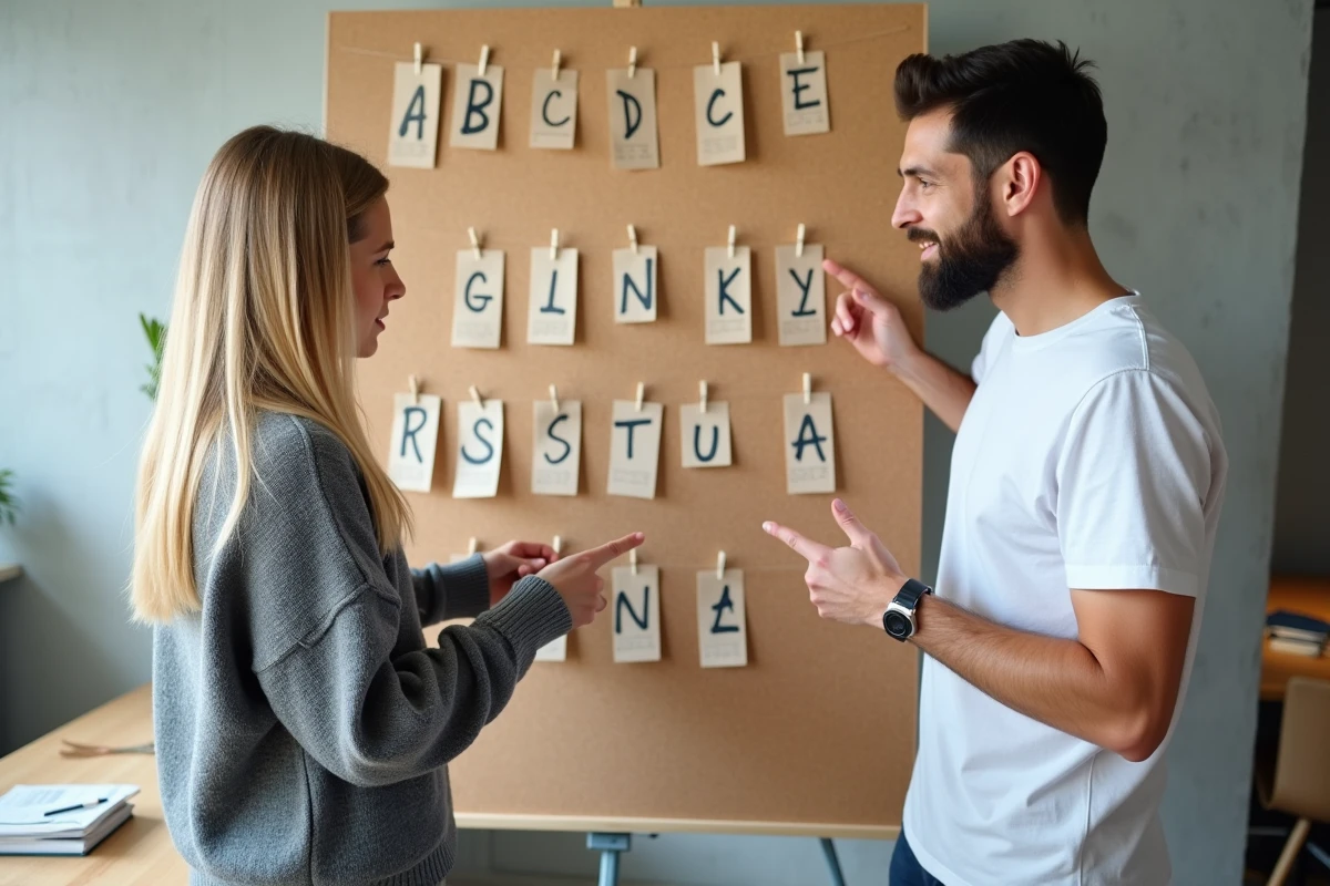 Deux personnes organisant une liste de chanteurs par initiale sur un tableau de li&egrave;ge en espace collaboratif