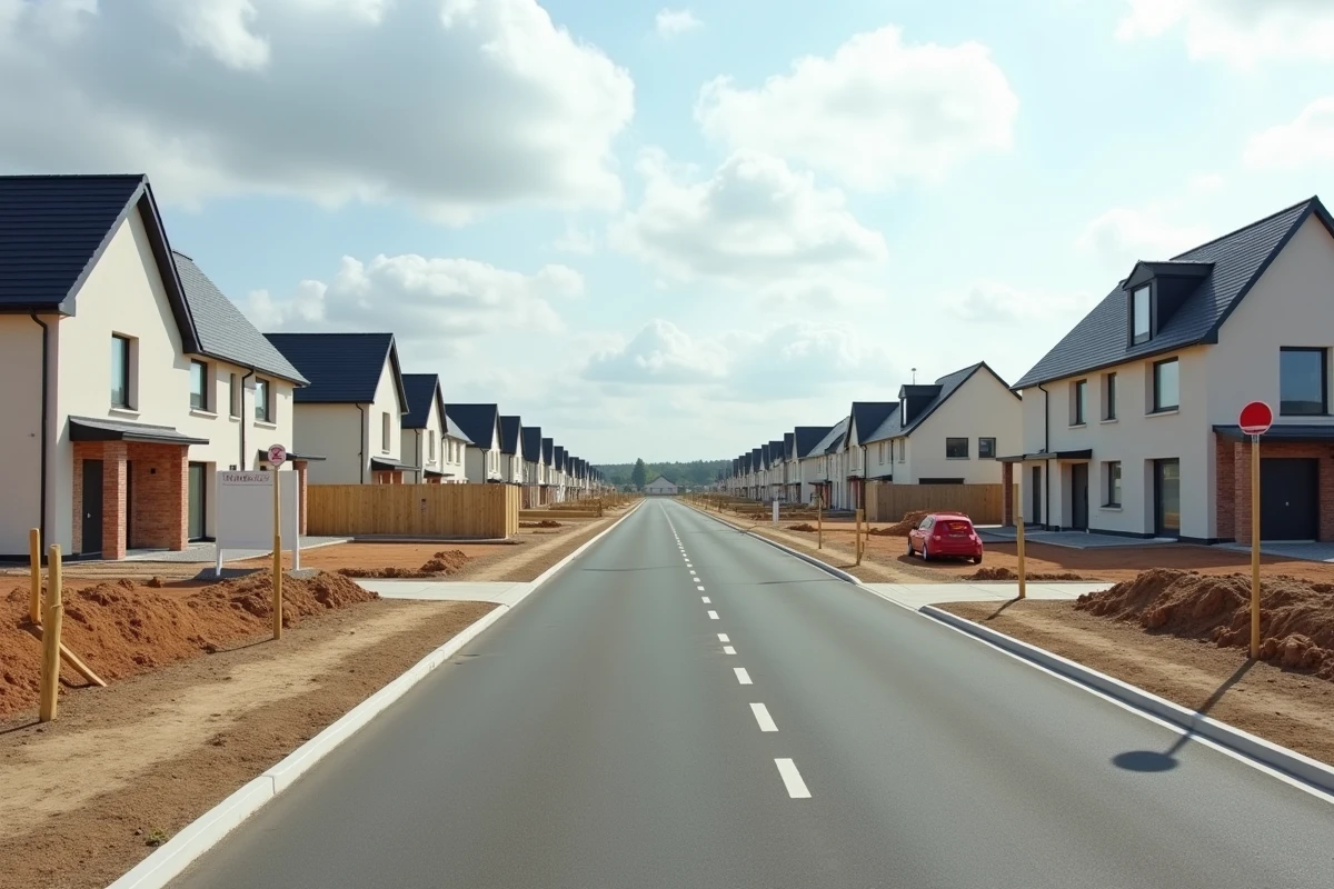 Lotissement résidentiel de 10 hectares en construction avec maisons neuves et routes pavées en périphérie urbaine