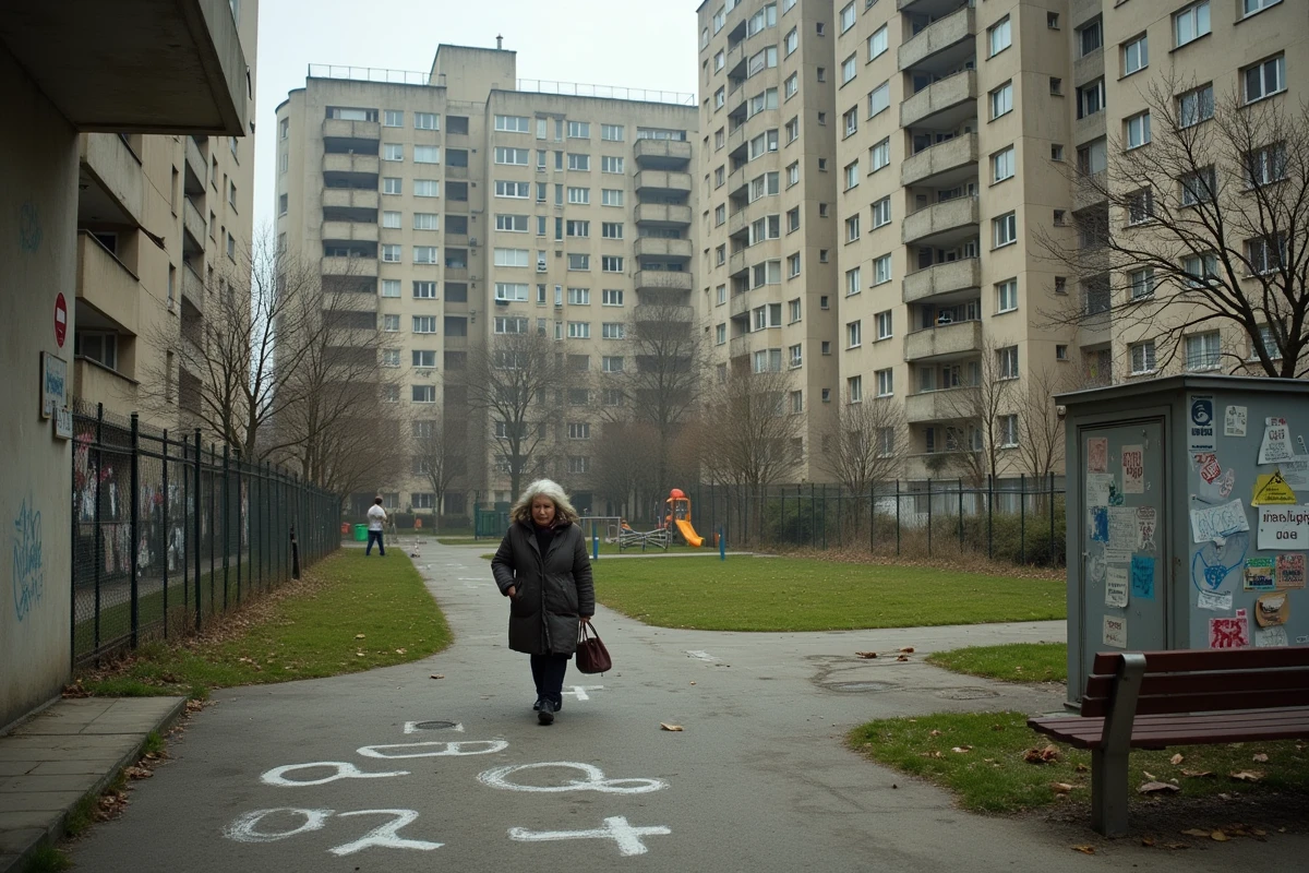 Cour d'une cité lyonnaise avec tour de béton et femme âgée marchant rapidement, illustrant les zones sensibles persistantes à Lyon