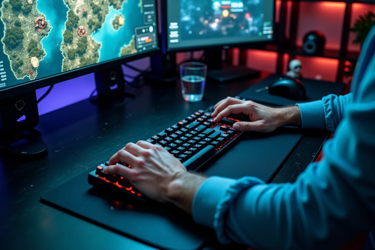 Gros plan sur les mains d'un joueur adulte sur un clavier mécanique devant un écran de jeu de stratégie solo style Aeonscope