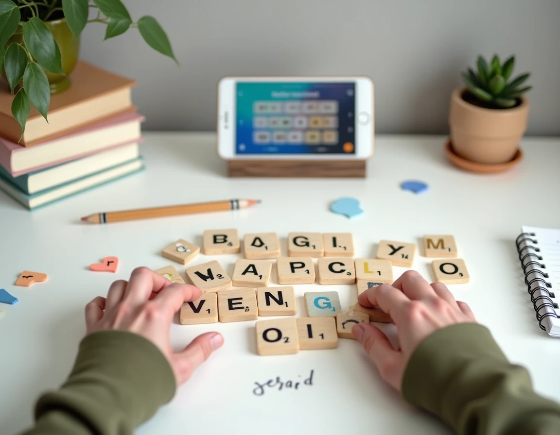 Vue aérienne de mains arrangeant des lettres en bois pour jouer à Sutom avec un smartphone affichant la grille de jeu