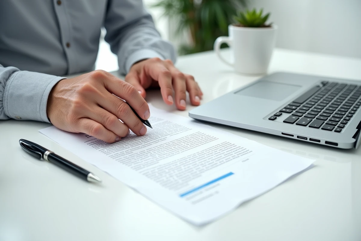 Mains tapant sur ordinateur avec une lettre de recours imprim&eacute;e pos&eacute;e &agrave; c&ocirc;t&eacute;