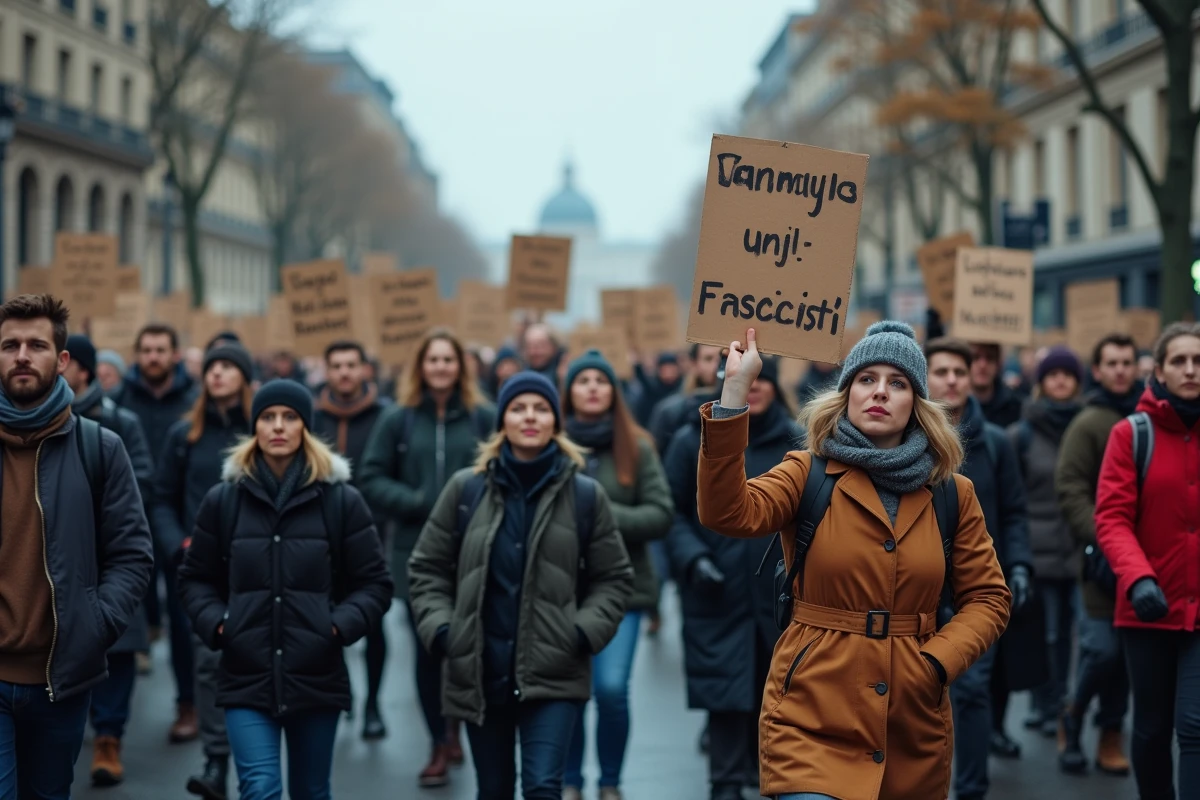 Manifestation antifasciste contemporaine dans une avenue européenne, foule diverse tenant des pancartes peintes à la main