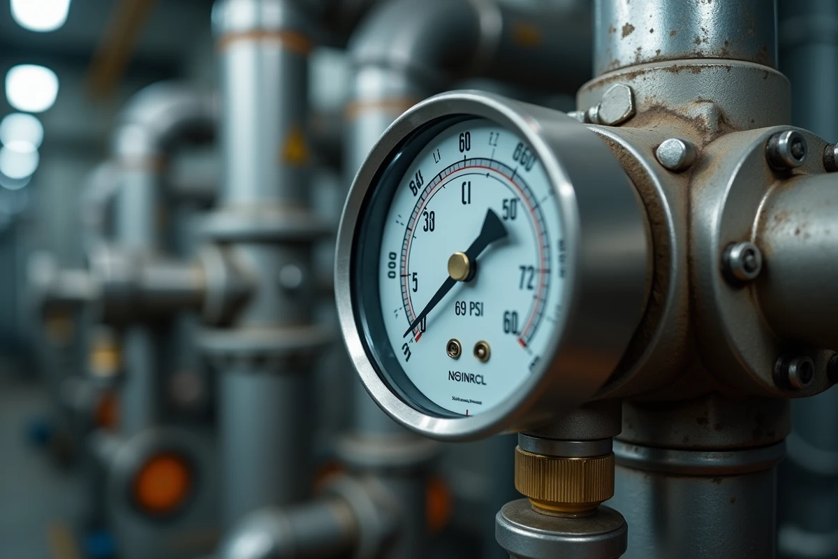 Gros plan d'un manomètre industriel monté sur une tuyauterie indiquant 69 PSI avec double échelle PSI et bar