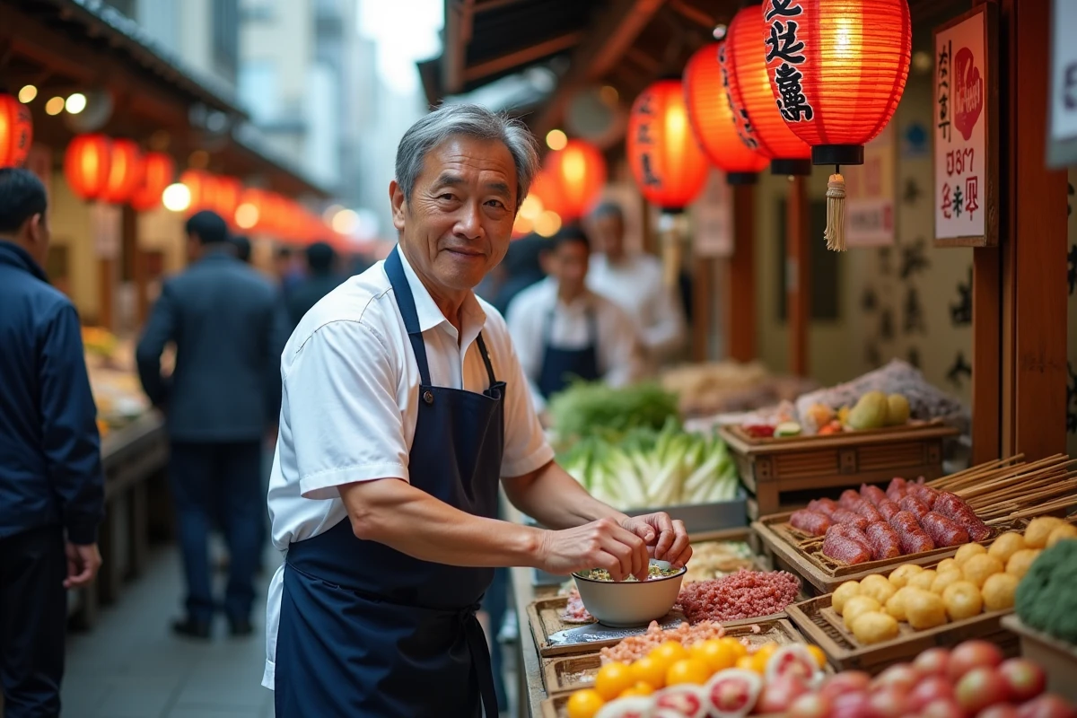 Marché de rue animé à Osaka avec vendeur et étals de nourriture japonaise traditionnelle