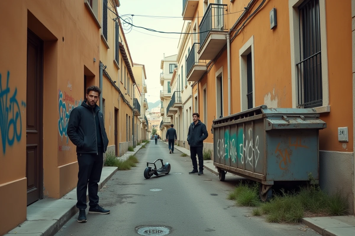 Ruelle des quartiers nord de Marseille avec barres d'immeubles en arrière-plan, scooter brûlé et atmosphere liée aux trafics de stupéfiants