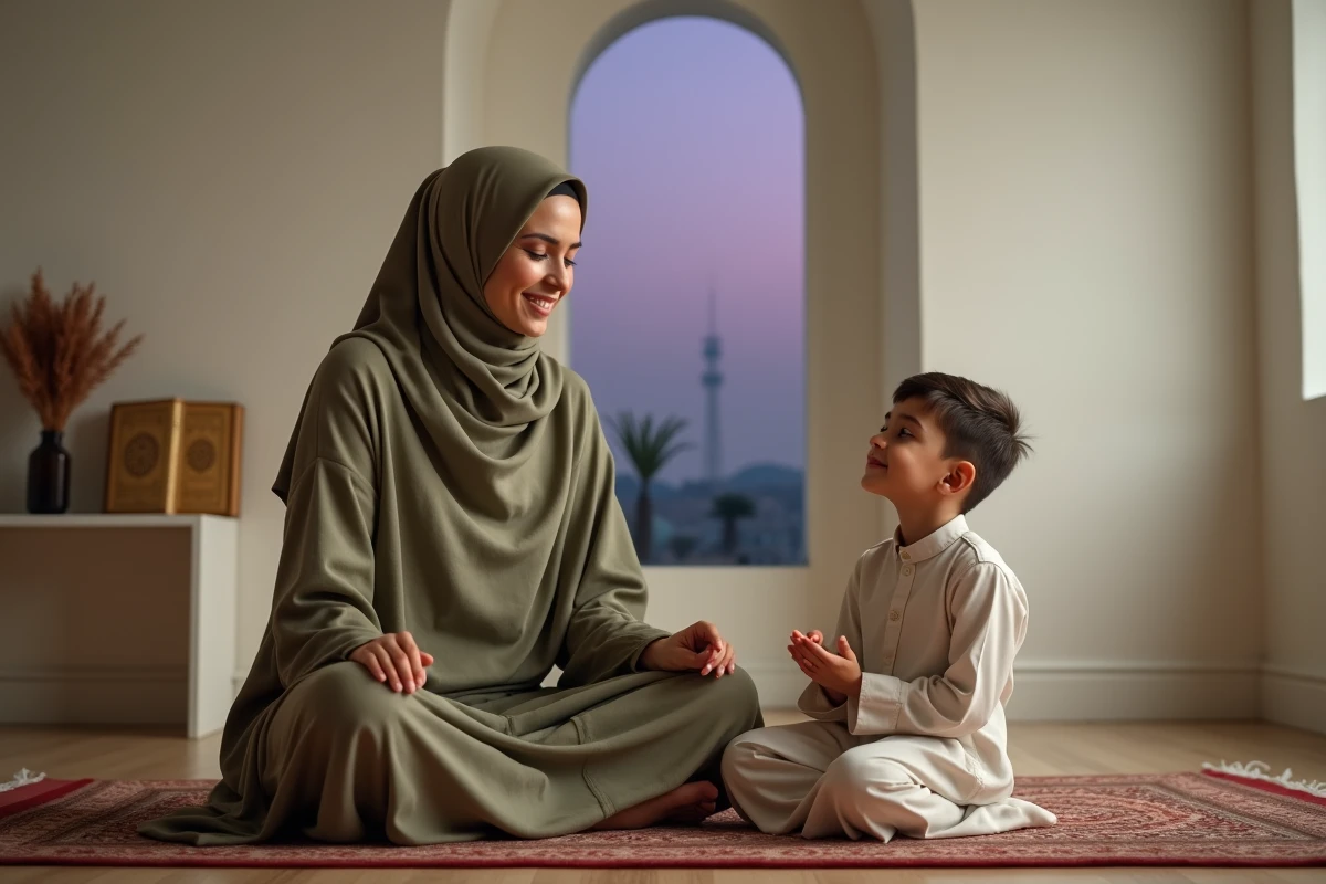 Mère musulmane et son jeune fils en prière du Maghreb dans un coin de prière familial avec une fenêtre donnant sur le crépuscule