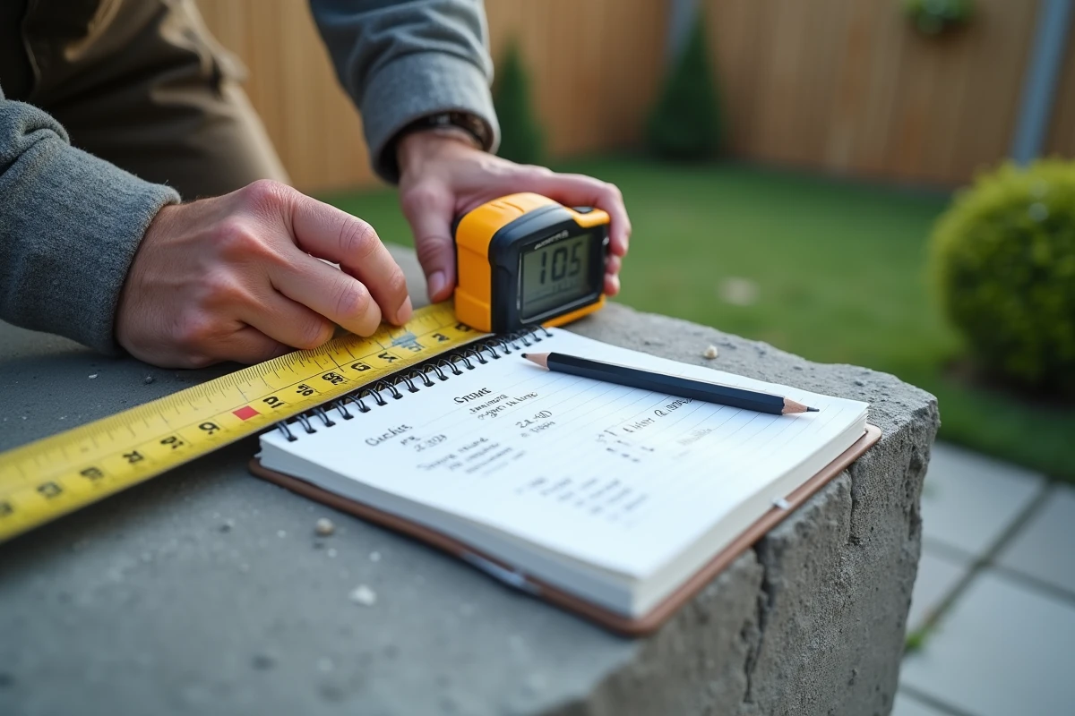 Gros plan de mains mesurant l'&eacute;paisseur d'une dalle de terrasse en b&eacute;ton avec un carnet de calculs de conversion m2 en m3