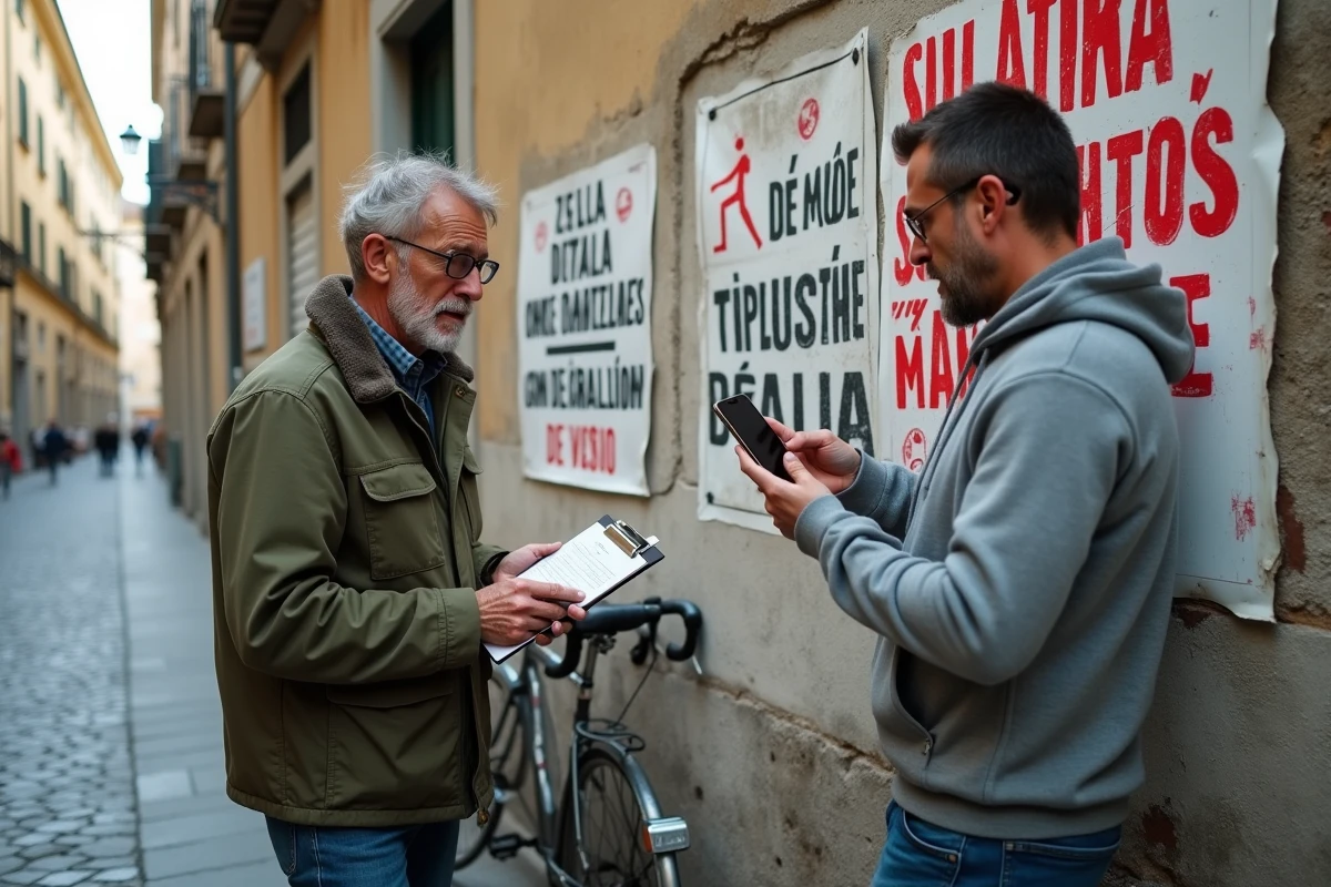 Deux militants adultes dans une rue européenne documentant des affiches politiques antifascistes en italien et en français