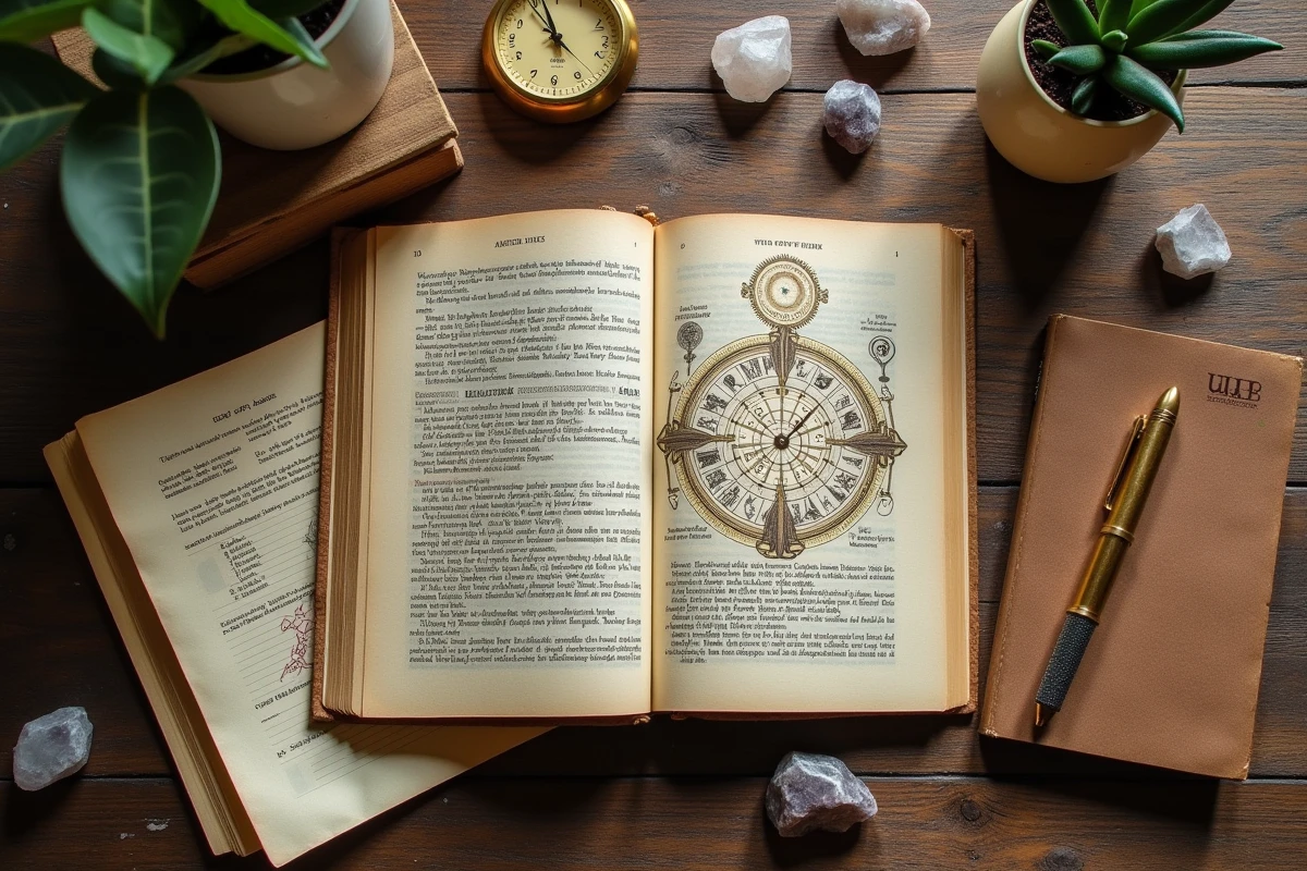 Mise à plat d'une horloge à 08h08, livre d'astrologie et journal intime sur un bureau en bois