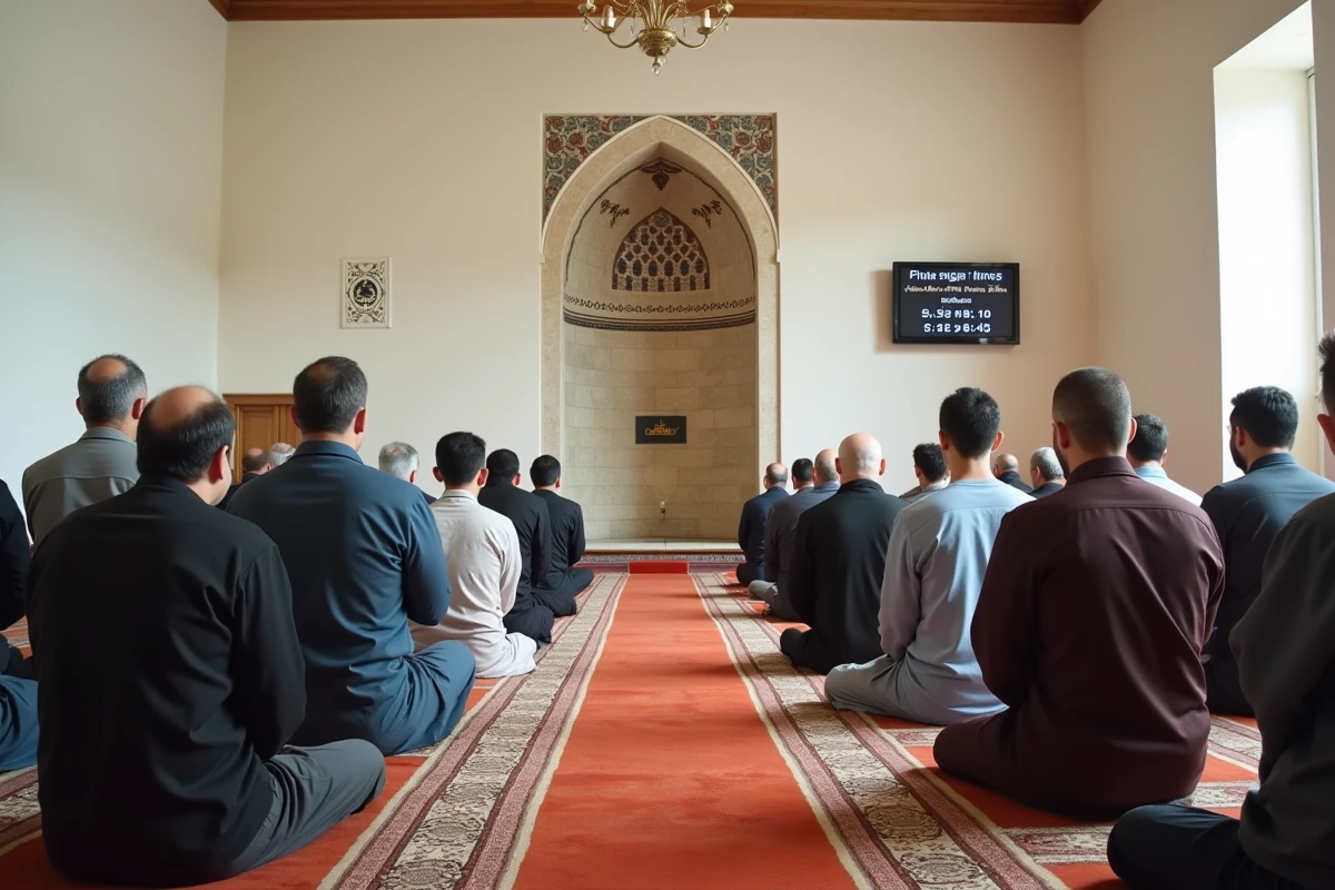 Intérieur d'une mosquée à Tremblay-en-France avec tableau des cinq prières quotidiennes