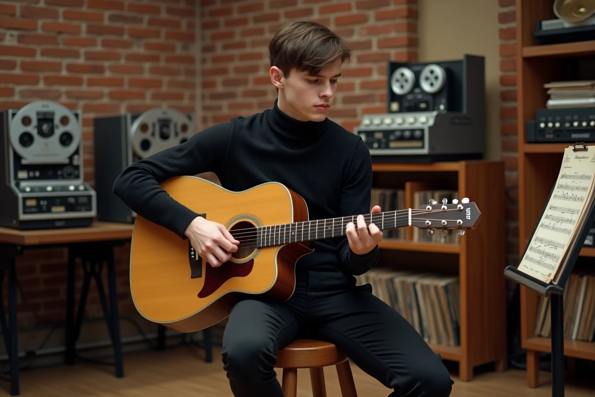 Musicien français des années 60 en studio d'enregistrement avec guitare acoustique et partitions manuscrites
