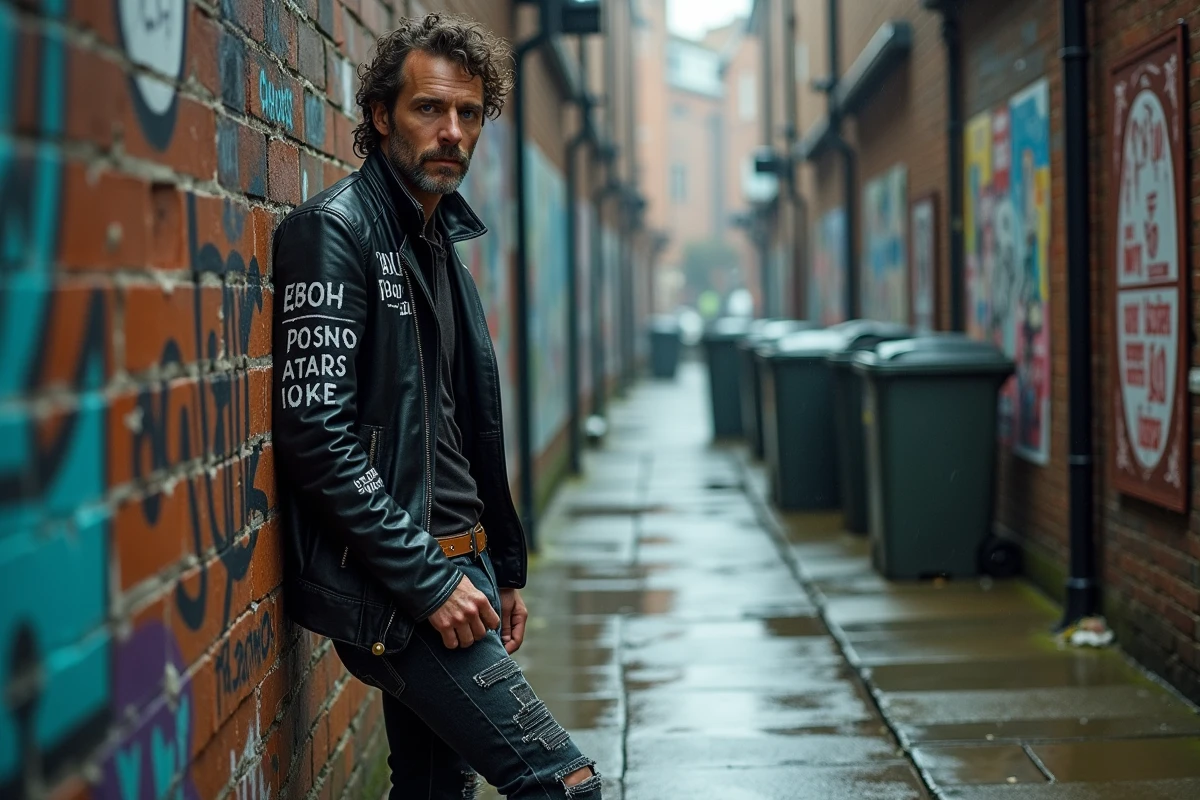 Musicien punk britannique en veste en cuir déchiré appuyé contre un mur de brique tagué dans une ruelle londonienne pluvieuse des années 70