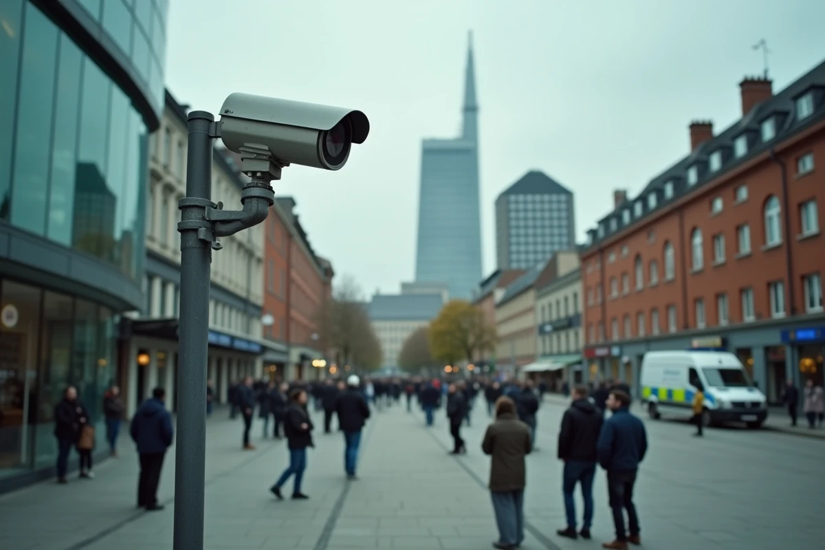 Place urbaine de Nantes avec caméra de surveillance au premier plan, groupe de personnes rassemblées et fourgon de police en arrière-plan, illustrant la tension dans la métropole