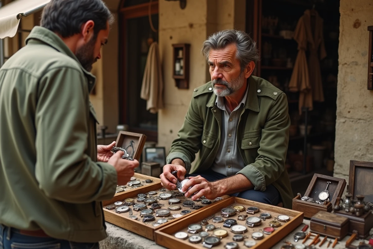Homme en train de n&eacute;gocier le prix d'une montre ancienne avec un vendeur lors d'une brocante dans les Alpes-Maritimes