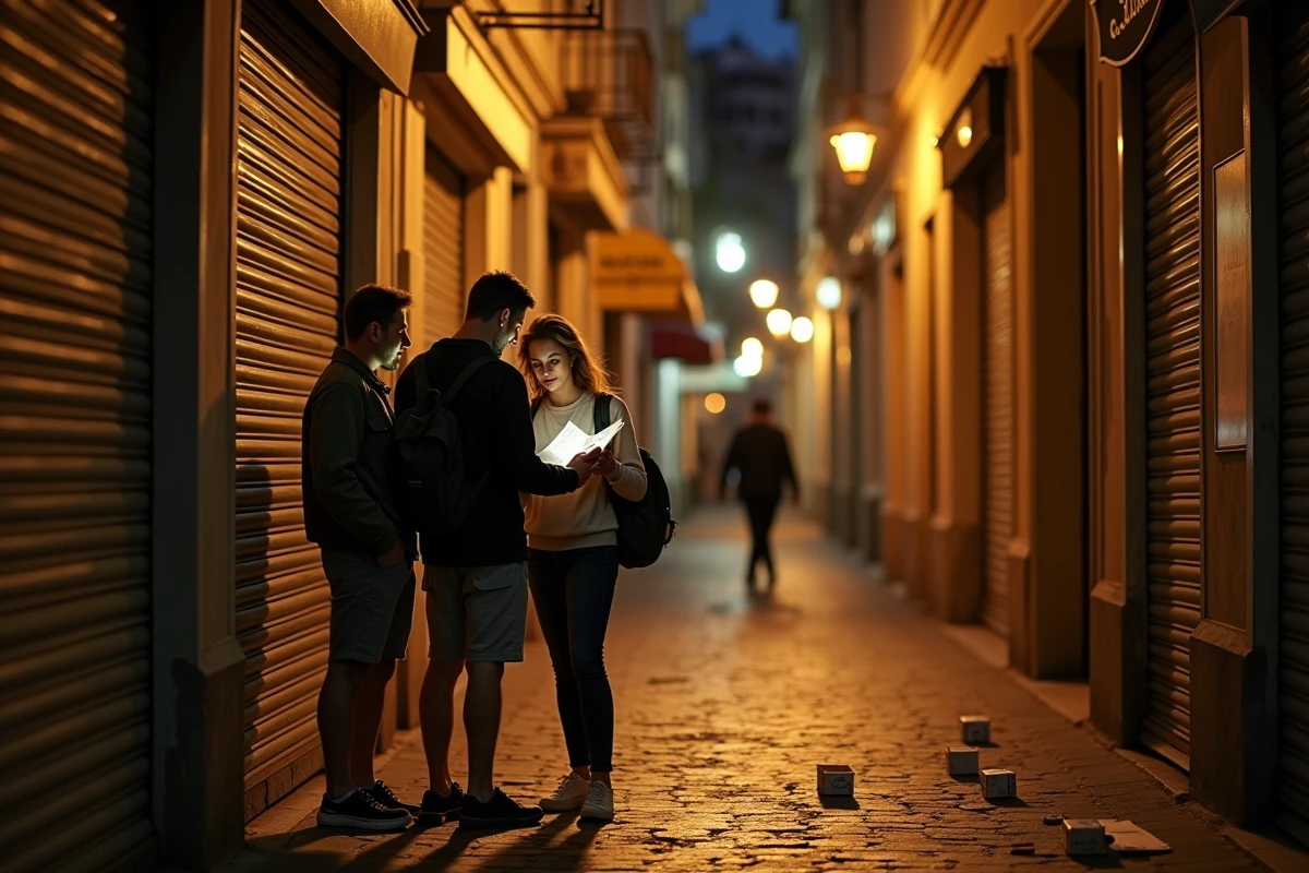 Ruelle sombre proche de la Promenade des Anglais à Nice la nuit avec couple de touristes désorientés et silhouette en arrière-plan