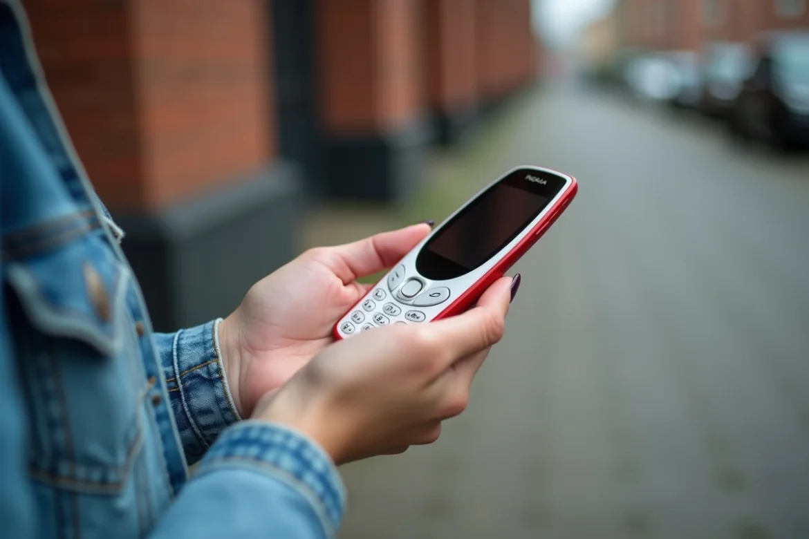 Main tenant un Nokia 5200 blanc et rouge en environnement urbain extérieur avec arrière-plan flou