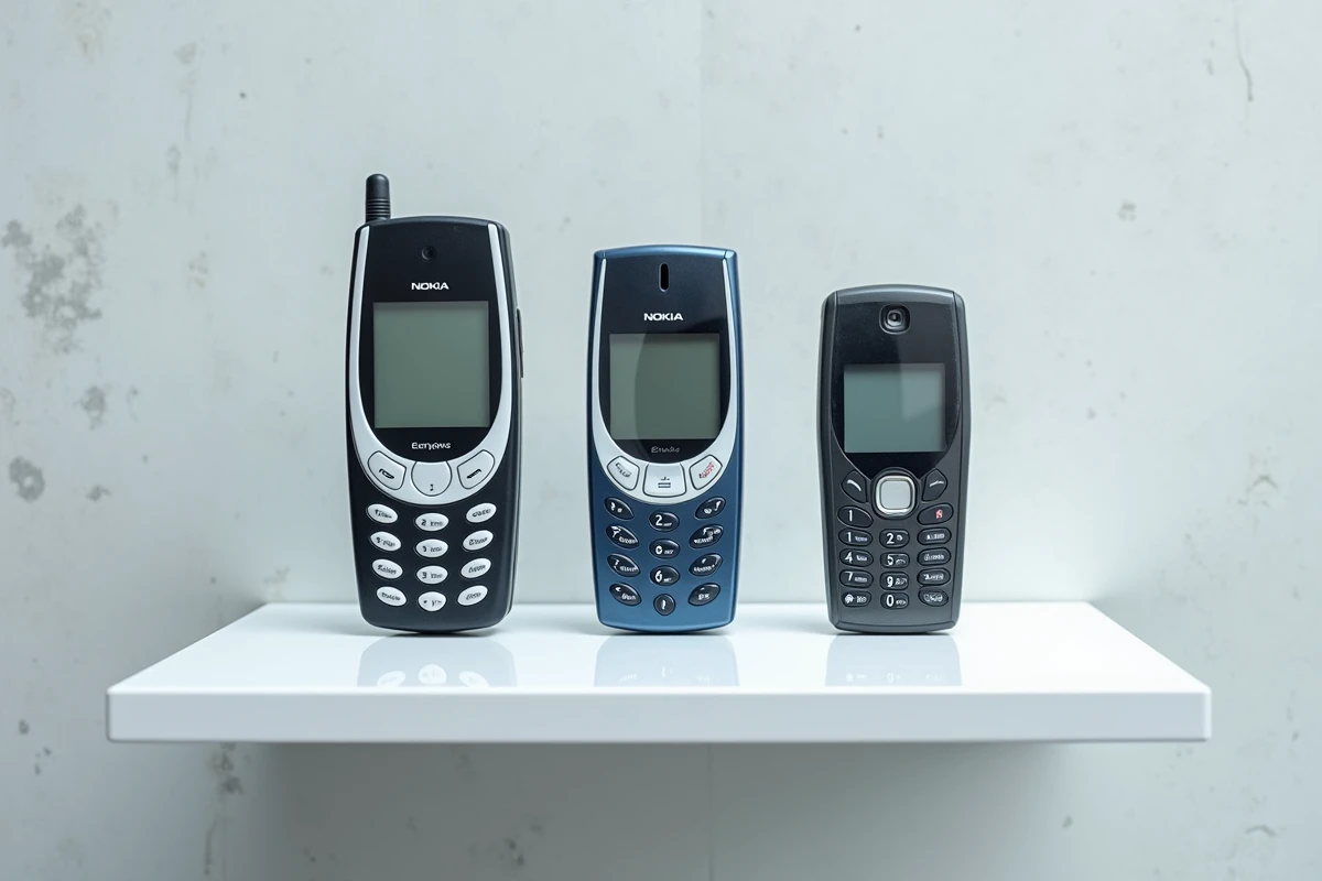 Trois mod&egrave;les rares de Nokia expos&eacute;s sur une &eacute;tag&egrave;re en acrylique blanc, dont le Nokia 7280 et le N-Gage, dans un style mus&eacute;al