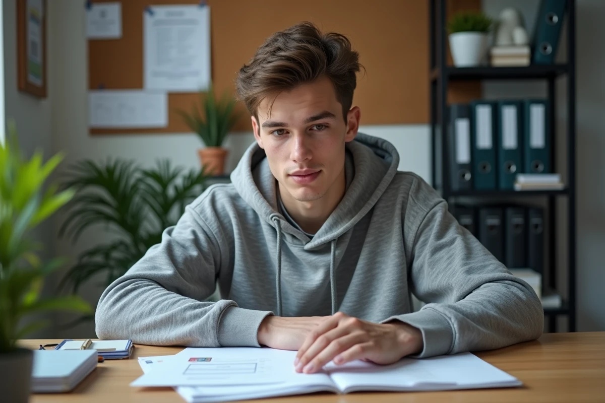 Jeune adulte organisant des documents administratifs pour justificatif de domicile &agrave; son bureau