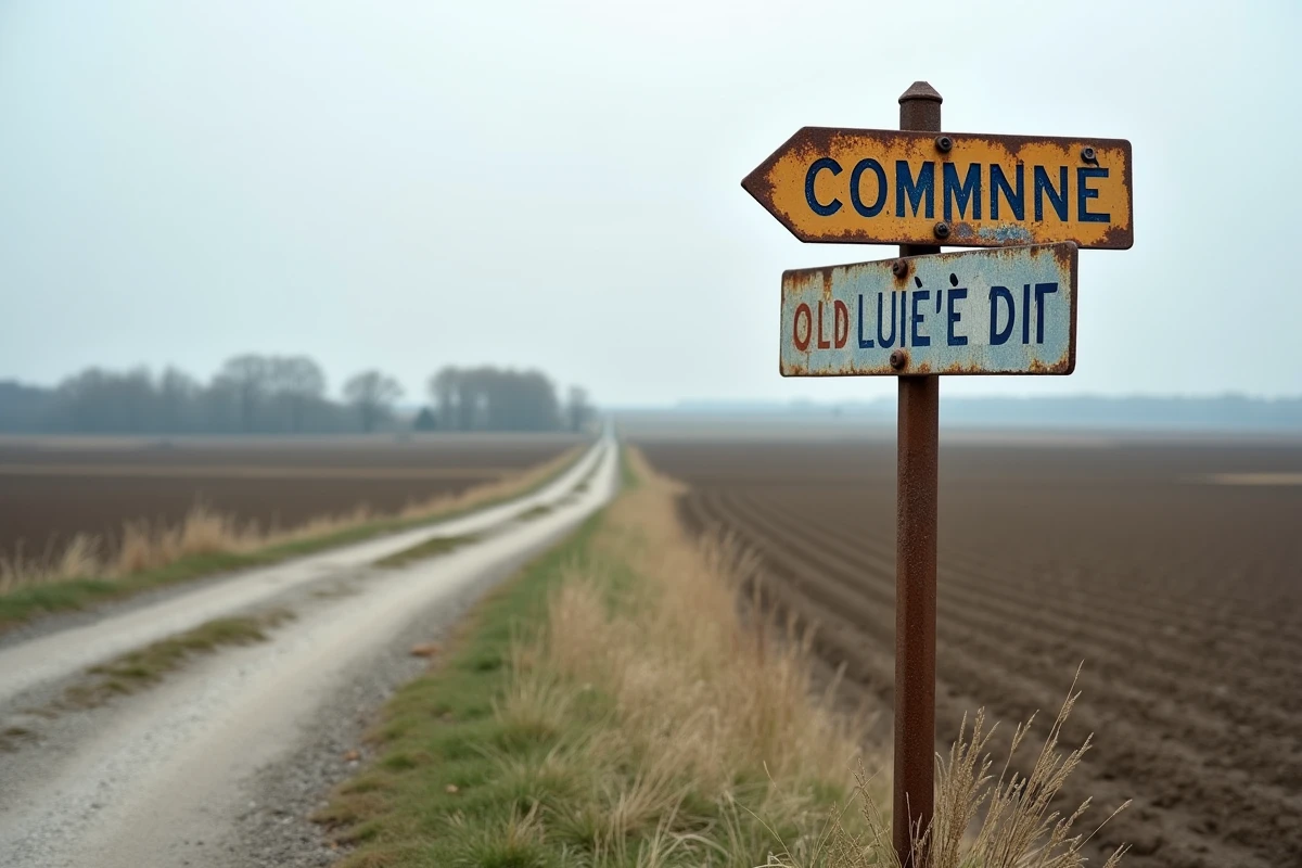 Panneau de signalisation rouillé à un carrefour rural français indiquant un nom de lieu-dit en émail vieilli sur fond de champs agricoles