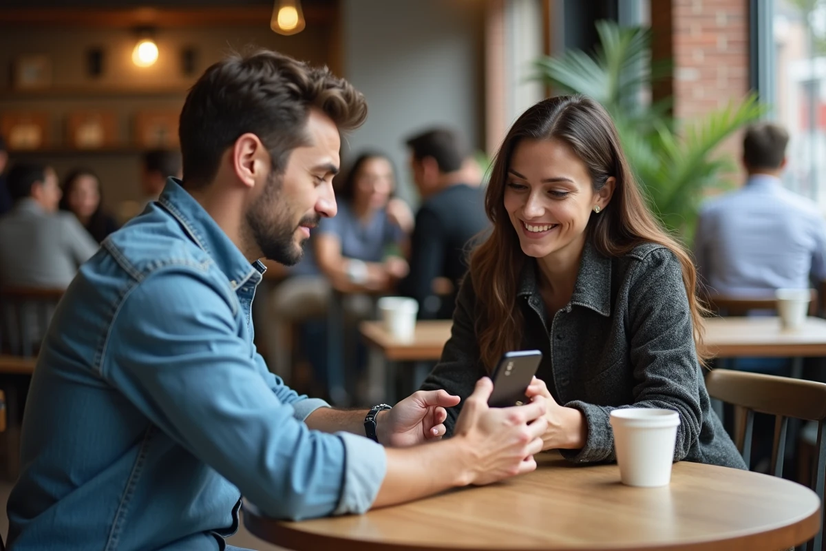 Deux parents s&eacute;par&eacute;s consultant un planning de garde partag&eacute;e semaines paires impaires dans un caf&eacute;