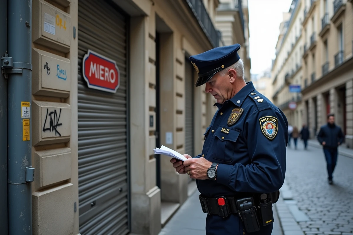 Policier en uniforme dans une rue étroite du 18e arrondissement de Paris près d'un rideau métallique tagué, illustrant la délinquance dans la capitale