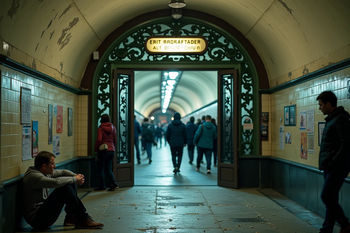 Entrée d'une station de métro parisienne animée la nuit, avec des passants pressés et une atmosphère urbaine tendue caractéristique de Paris