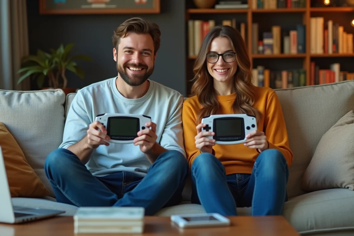 Deux amis partageant une sauvegarde Pok&eacute;mon GBA via un c&acirc;ble link sur un canap&eacute; dans un salon r&eacute;tro gaming