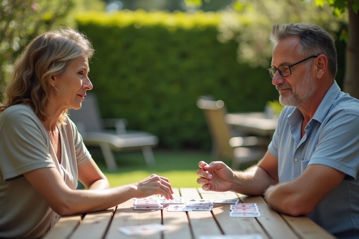 Un homme et une femme jouant une partie de réussite à deux en plein air dans un jardin, avec des cartes bien disposées sur la table de jardin