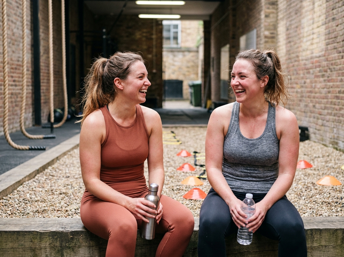 Deux amies en pause hydratation pendant un cours de bootcamp, riant ensemble dans une cour de gym urbaine