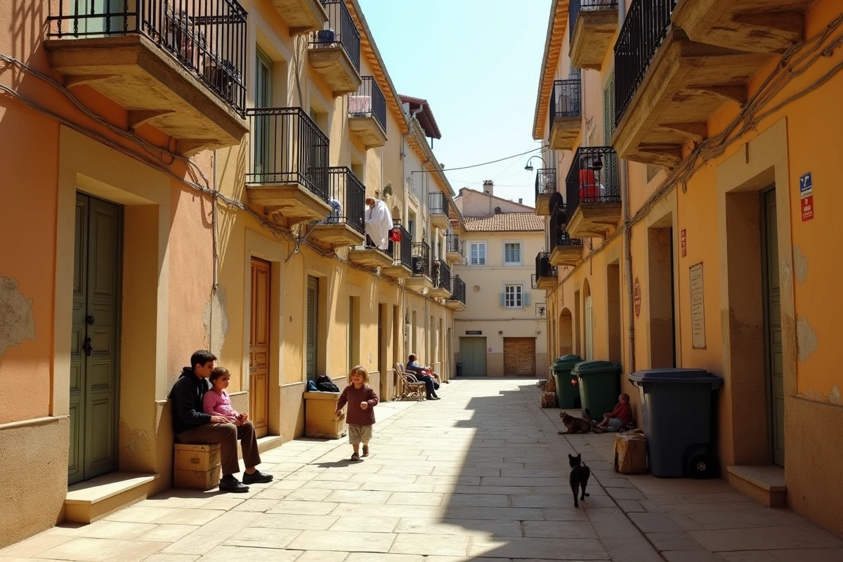 Rue de l'ancien quartier de Perpignan sous le soleil avec facades dégradées, linge séchant et famille précaire sur des marches