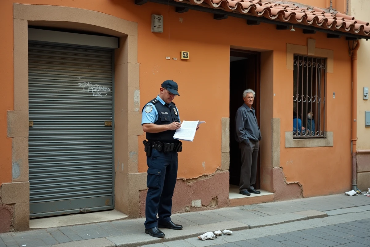 Policier rédigeant un rapport devant un rideau métallique tagué à Perpignan avec résident inquiet dans l'embrasure d'une porte, illustrant un taux de délinquance disproportionné