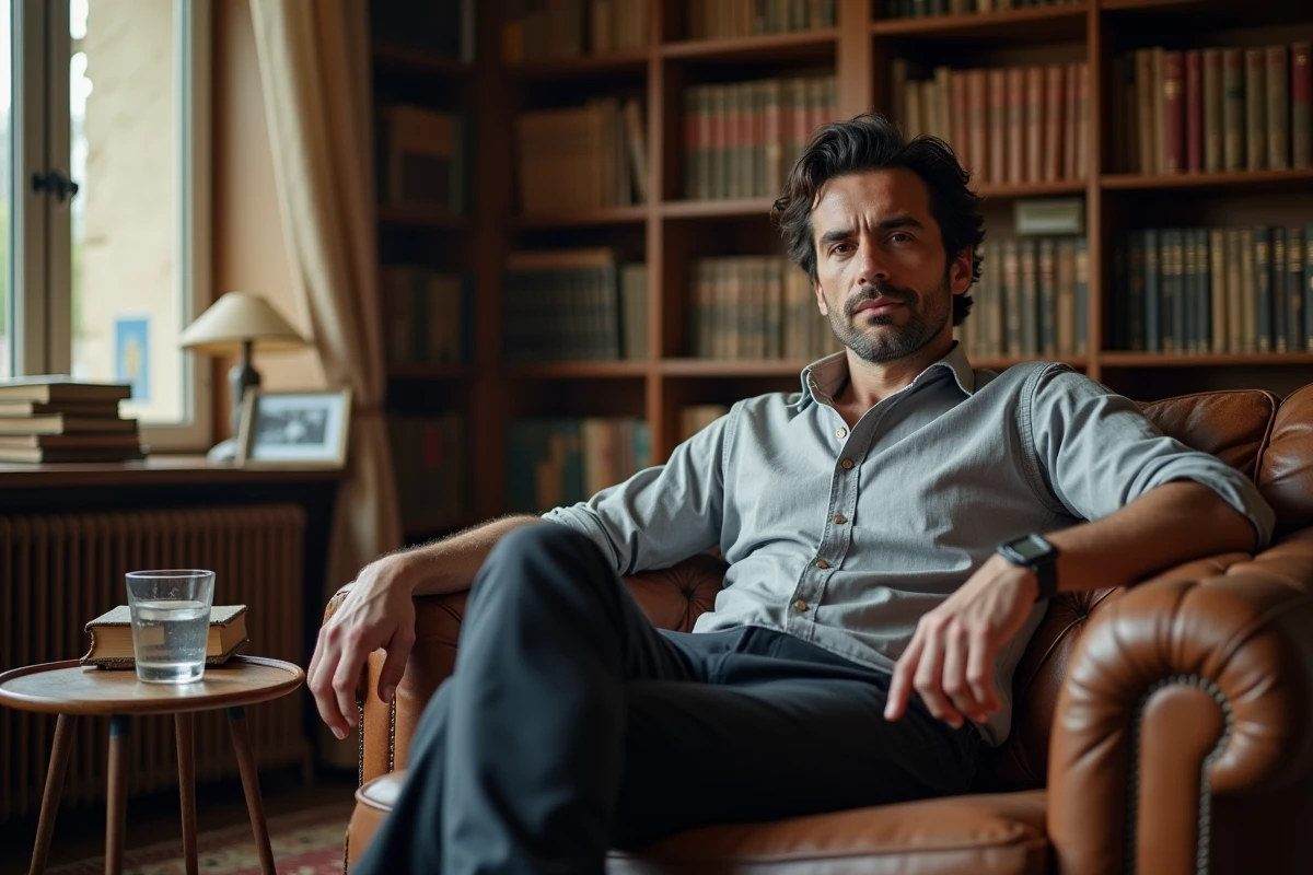 Portrait intimiste d'un homme détendu dans une bibliothèque personnelle chaleureuse, symbolisant la vie familiale et l'univers privé de Pierre Haroche loin des projecteurs