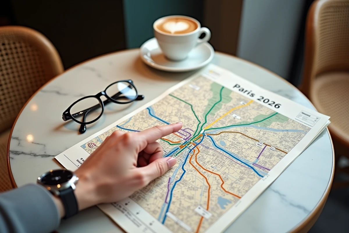 Plan du métro parisien 2026 déroulé sur une table de café avec la ligne 10 mise en valeur