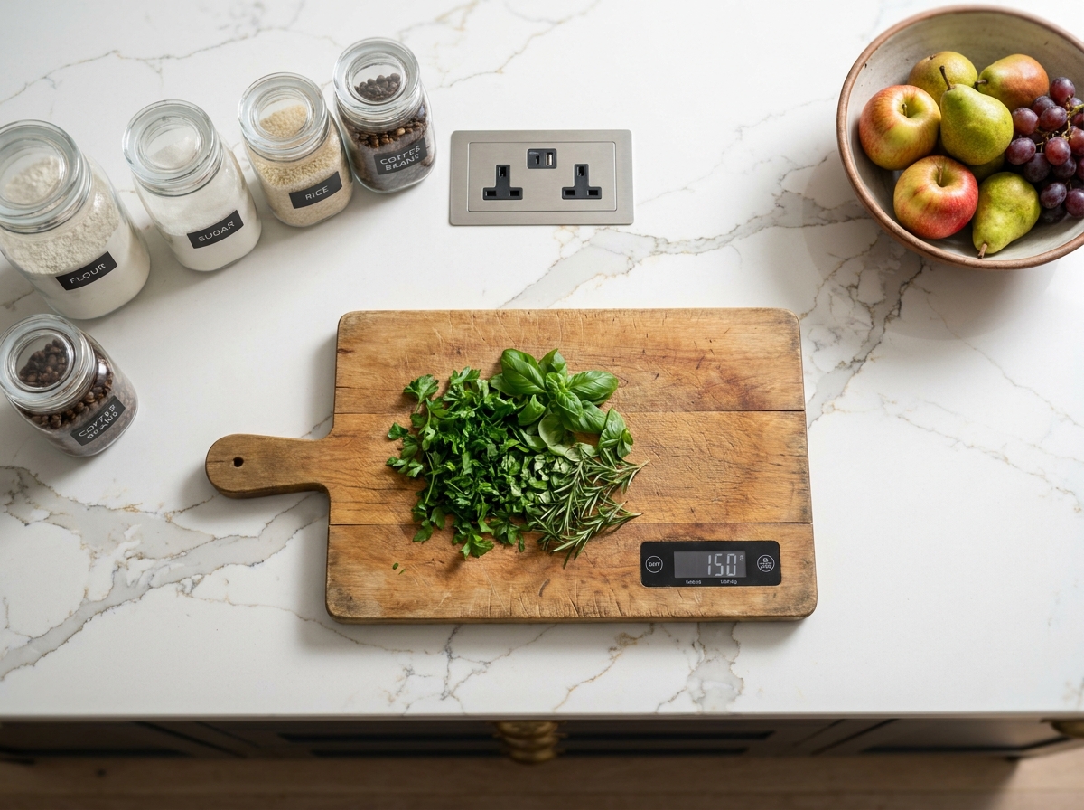 Vue aérienne d'un plan de travail de cuisine optimisé avec outils pratiques et rangements intégrés