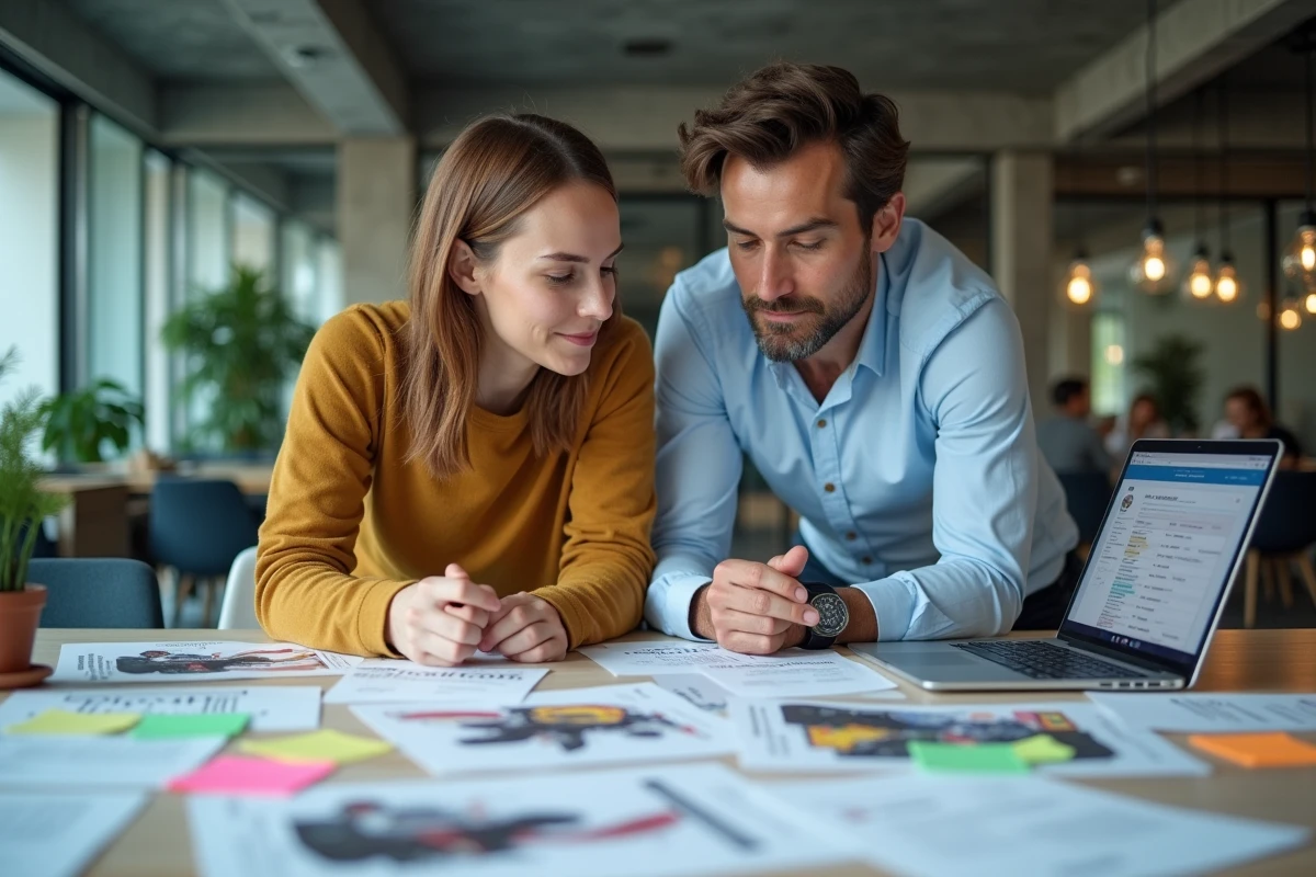 Deux joueurs planifiant leur strat&eacute;gie de compte Monopoly Tycoon Club saison 2026 en espace de coworking