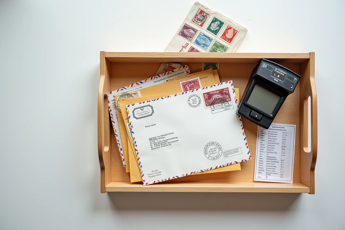 Vue a&eacute;rienne d'un plateau postal avec enveloppes affranchies, balance postale, carnet de timbres et fiche tarifaire pour comprendre les options d'affranchissement