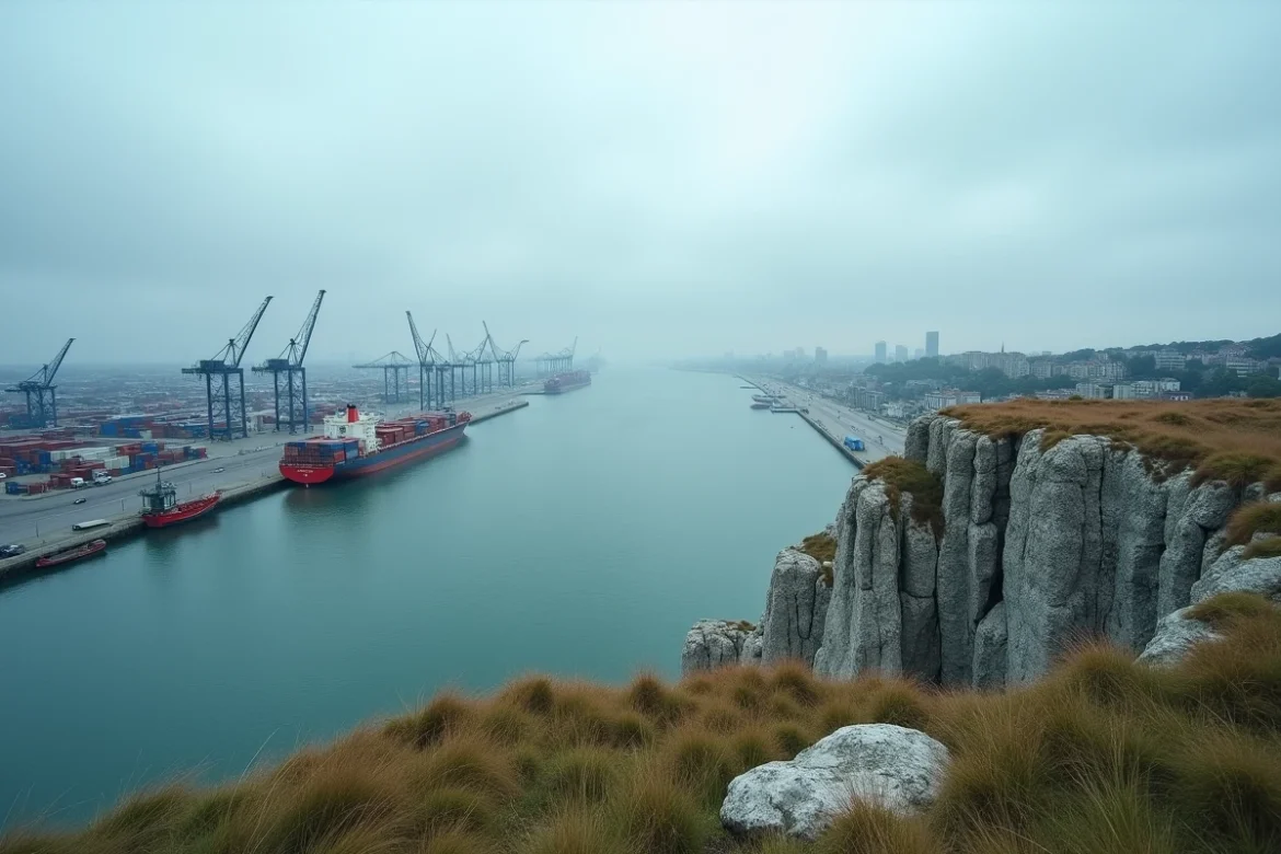 Vue panoramique du port du Havre depuis les falaises normandes montrant les infrastructures maritimes strat&eacute;giques et l'estuaire de la Seine en Normandie