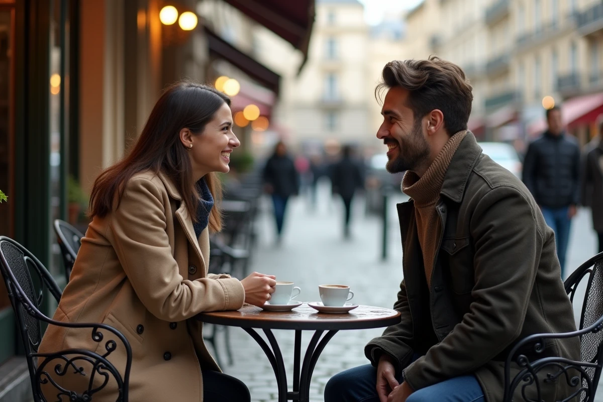 Couple se rencontrant pour la première fois en terrasse de café après une rencontre en ligne