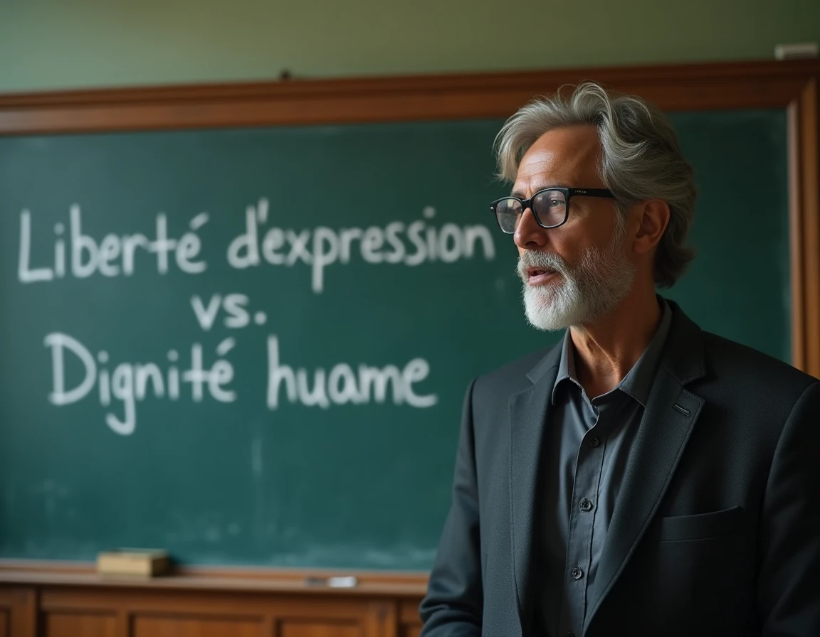 Professeur universitaire d'origine sud-asiatique devant un tableau sur la libert&eacute; d'expression et la dignit&eacute; humaine, dans le contexte du d&eacute;bat sur l'humour raciste