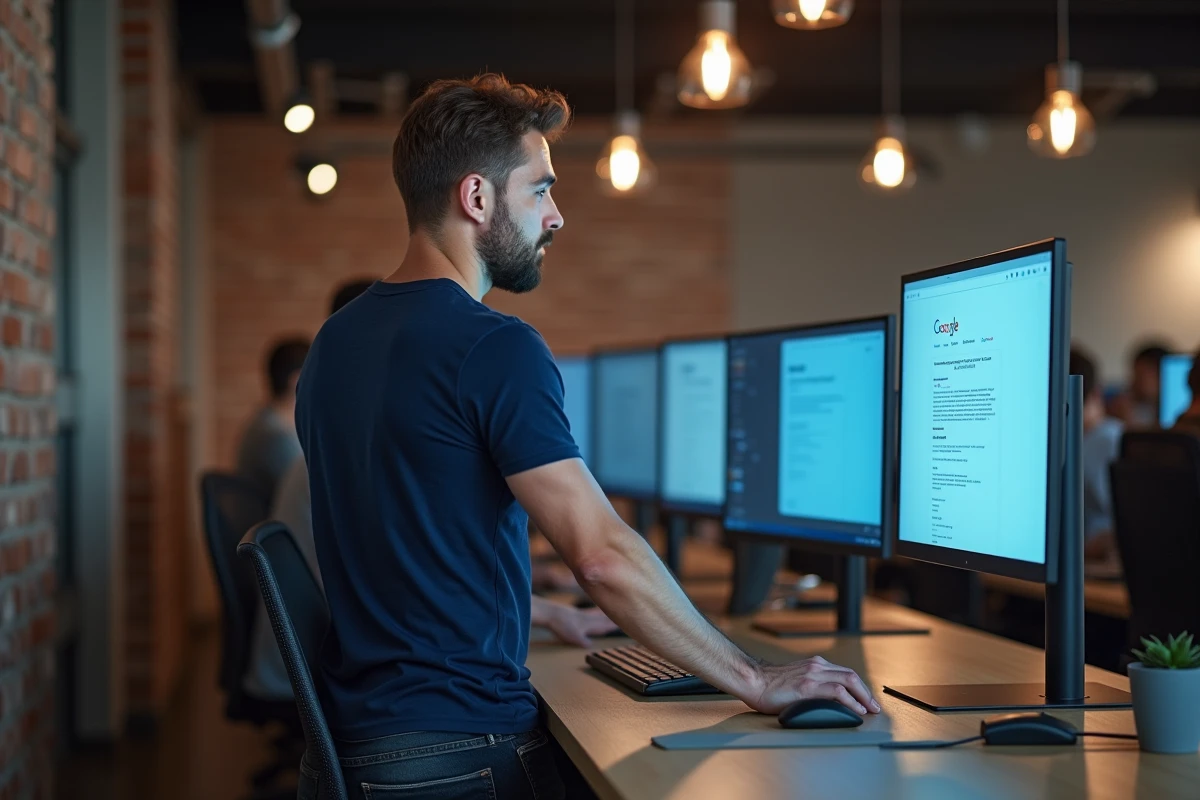 Un homme analyse les résultats Google pour son pseudo dans un espace de coworking moderne
