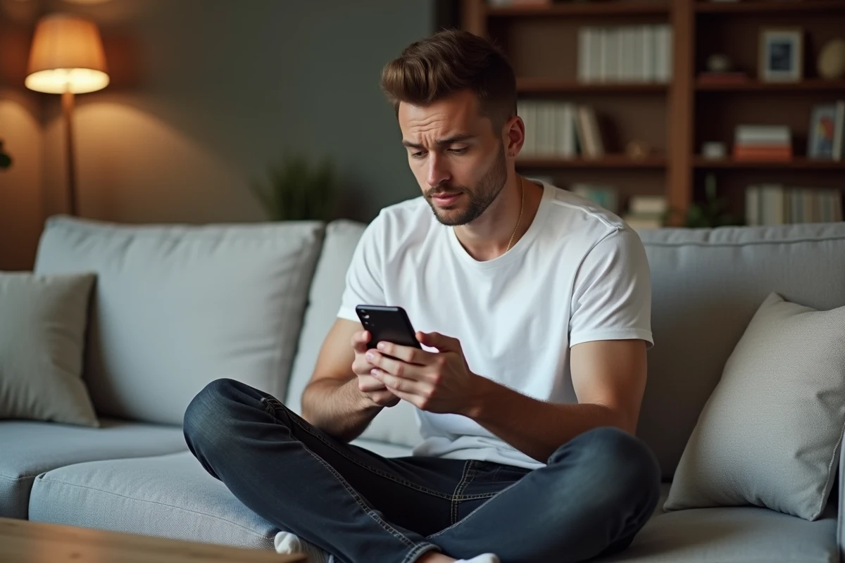 Jeune homme consultant un site de recherche invers&eacute;e de num&eacute;ro sur son smartphone dans son salon