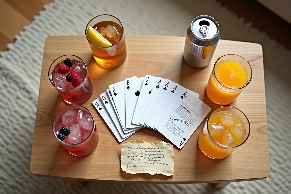 Vue de dessus d'un jeu de cartes palmiers entour&eacute; de boissons sans alcool et d'une feuille de r&egrave;gles manuscrite