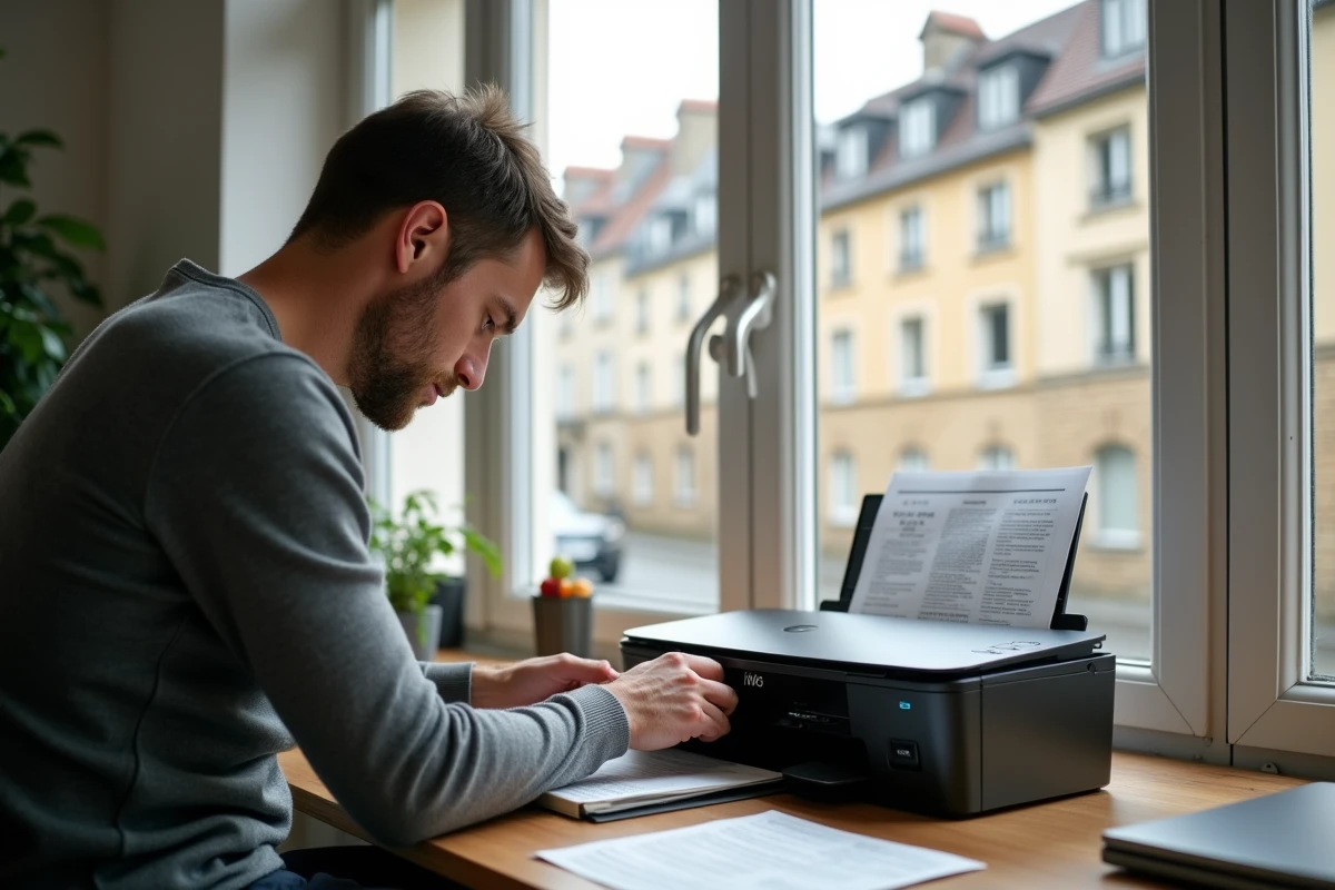 Homme rempla&ccedil;ant une cartouche d'encre dans une imprimante dans un bureau &agrave; domicile au Luxembourg