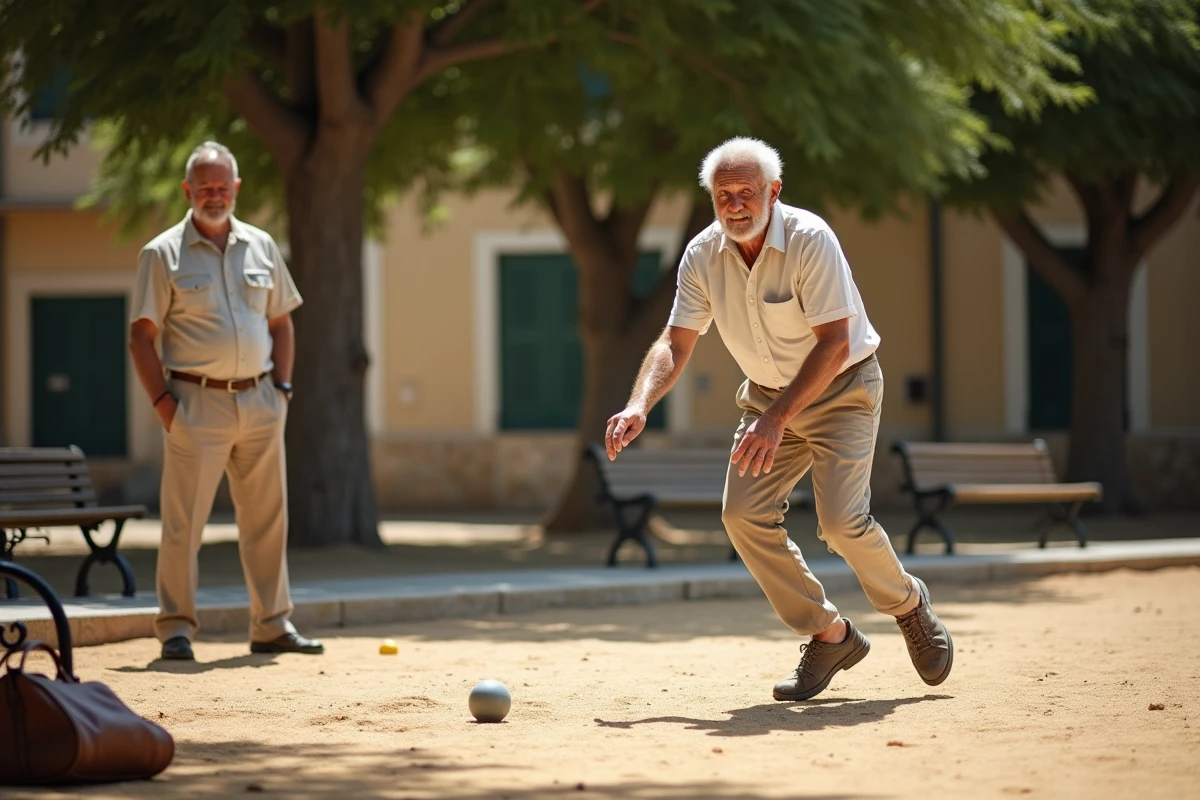 Deux retrait&eacute;s marseillais jouant &agrave; la p&eacute;tanque dans un parc public ombrag&eacute; de Marseille