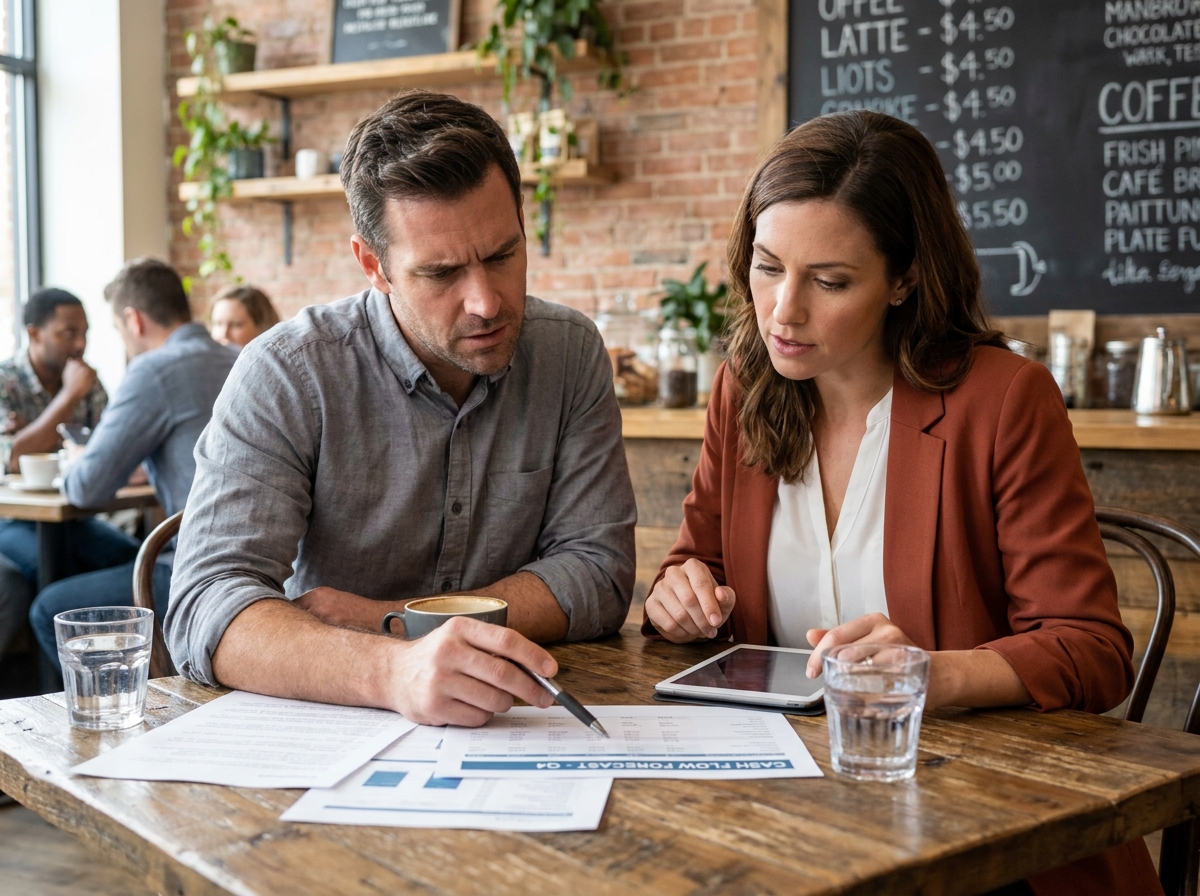 Deux auto-entrepreneurs discutant d'un plan de tr&eacute;sorerie autour d'un tableau de flux financiers dans un caf&eacute;